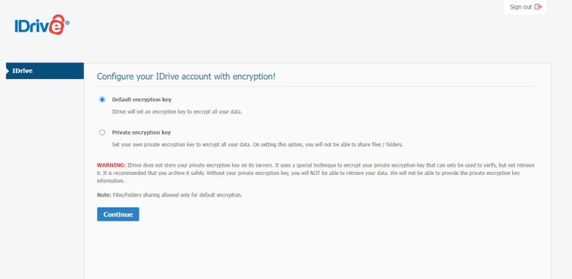 Setting up private encryption in IDrive