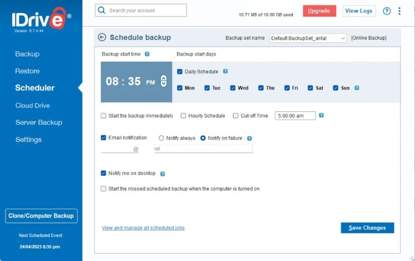 Setting a backup schedule in IDrive