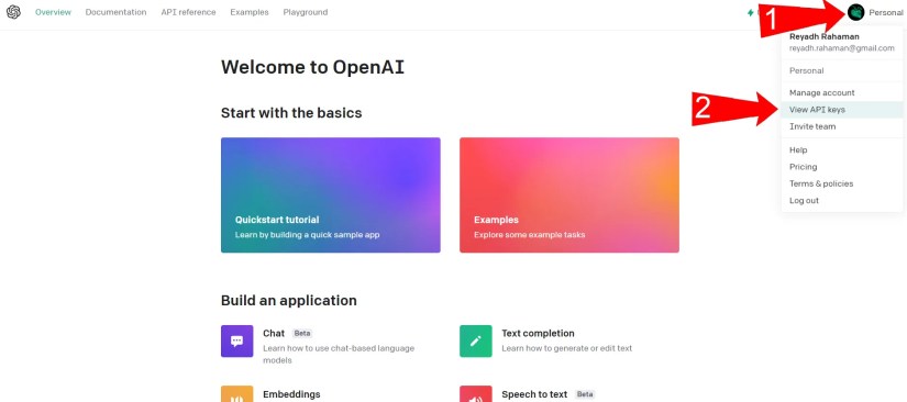 Numbered red arrows showing how to get to the page on OpenAI&rsquo;s website where you can generate an API Key.