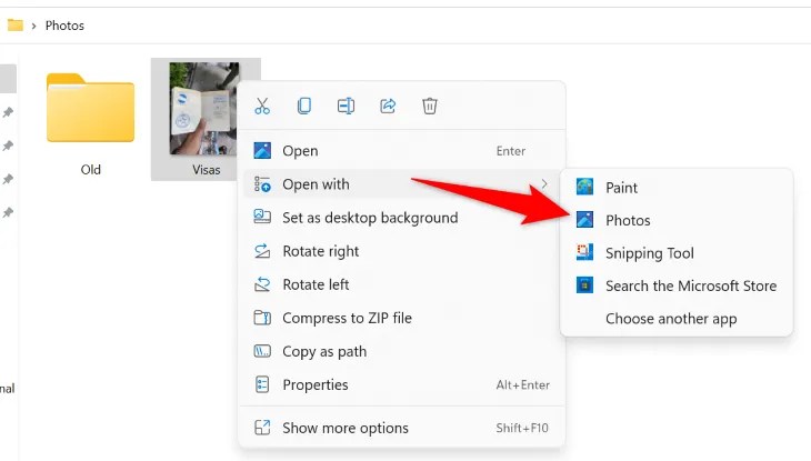 Select Open With &gt; Photos.