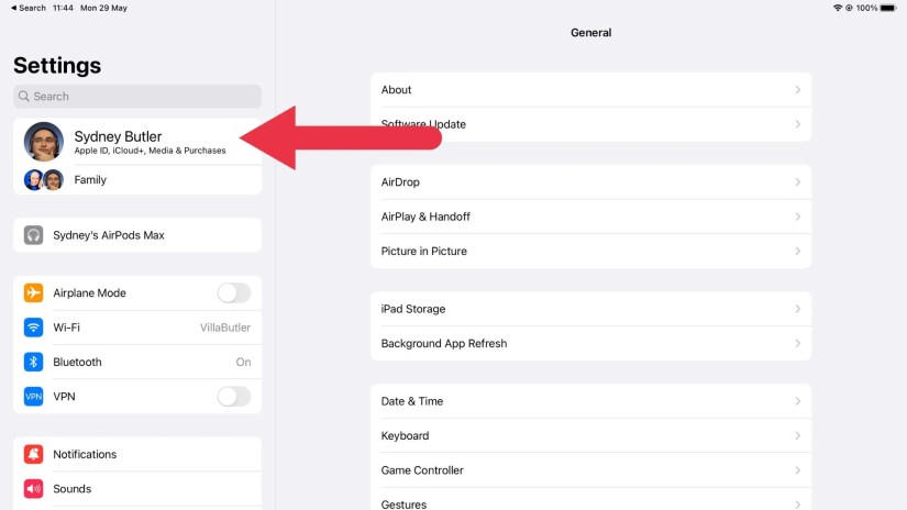 IPad Settings Tap On User Name