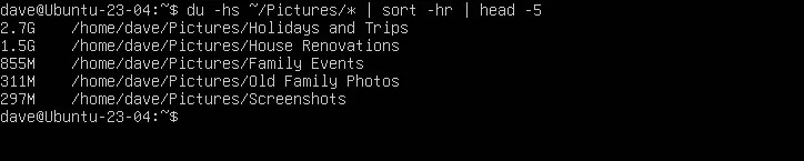 The five biggest directories in the /Pictures directory