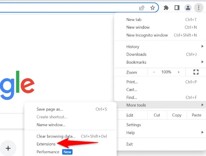 Select More Tools &gt; Extensions.