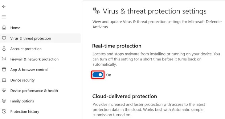Disable &ldquo;Real-Time Protection.&quot;