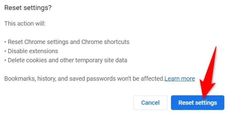 Choose &ldquo;Reset Settings&rdquo; in the prompt.