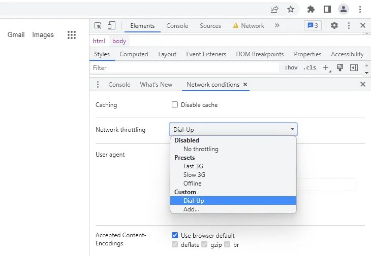 The throttling profile selection menu in Google Chrome.