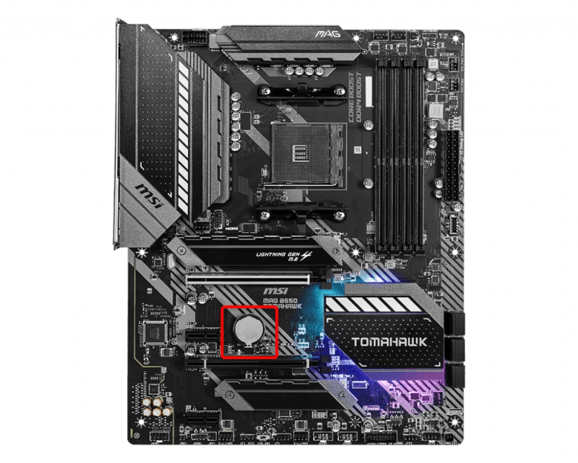 Location of the CMOS battery on the MSI B550 Tomahawk Motherboad. The battery&rsquo;s located under the secondary PCIe port