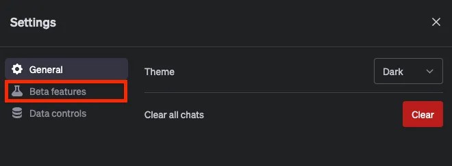 GPT Settings Menu Beta Features Button