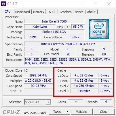 viewing L1 cache in CPU-Z