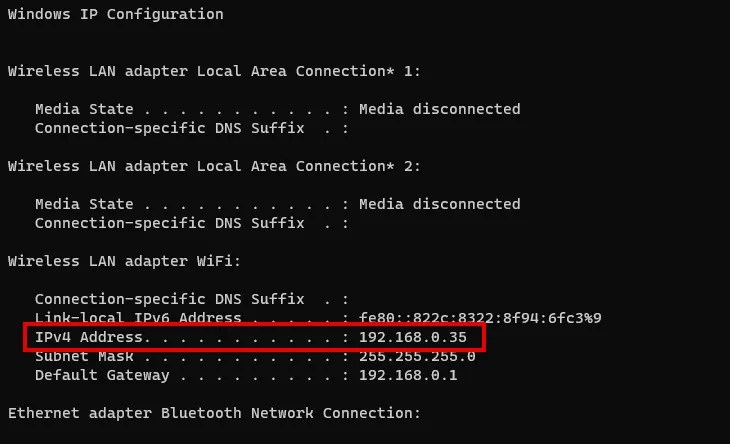 finding Wi-Fi IPv4 address in command prompt