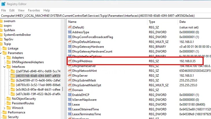 network interfaces in registry editor