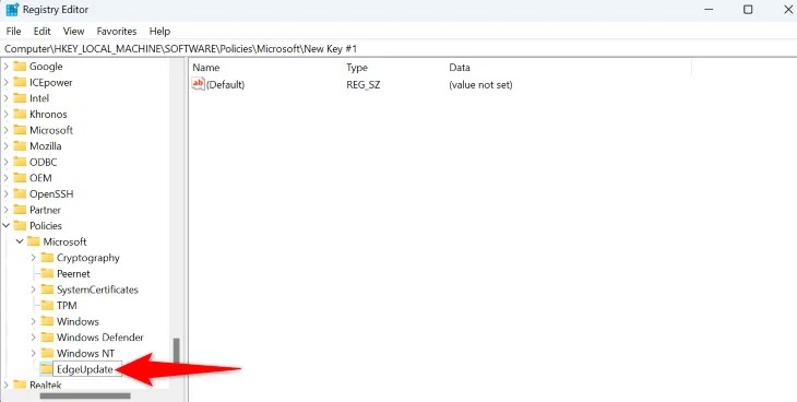 Create the &ldquo;EdgeUpdate&rdquo; key.