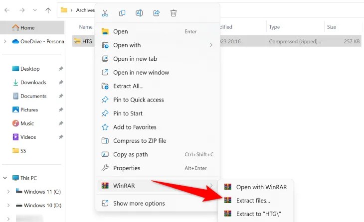 Select WinRAR &gt; Extract Files.