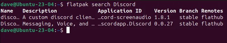 Searching for the Discord application using the flatpak command in a terminal window