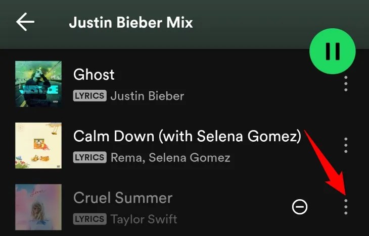Choose the three dots next to the hidden song.