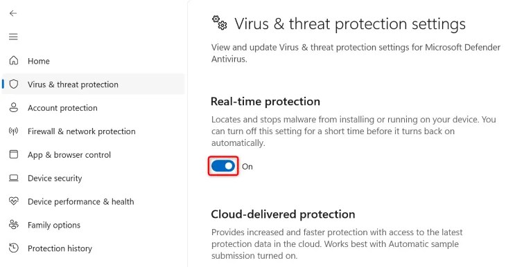 Disable &ldquo;Real-Time Protection.&quot;