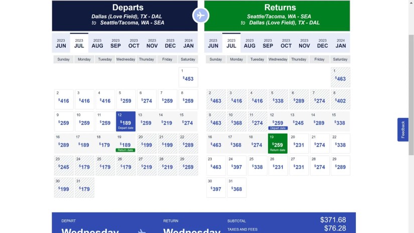 Southwest Airlines low fare flights calendar.