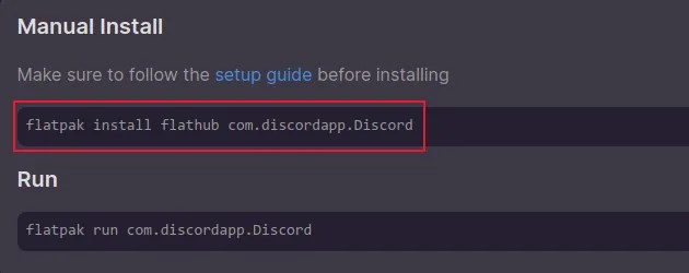 The installation command on the Flathub page for the Discord application