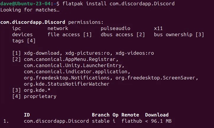 The list of packages that will be installed along with the Discord Flatpak