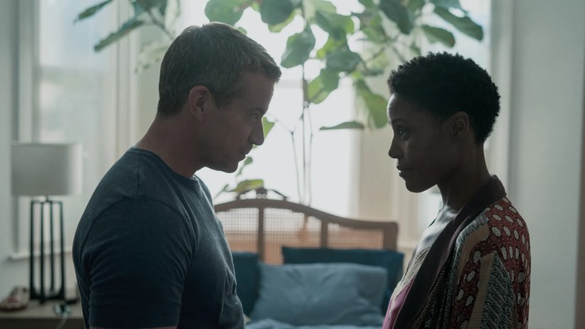 Max Beesley and Christine Adams shown in a scene in Hijack