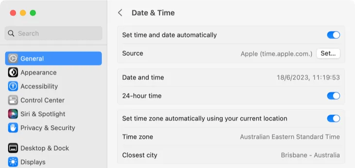 Set time and date automatically on macOS