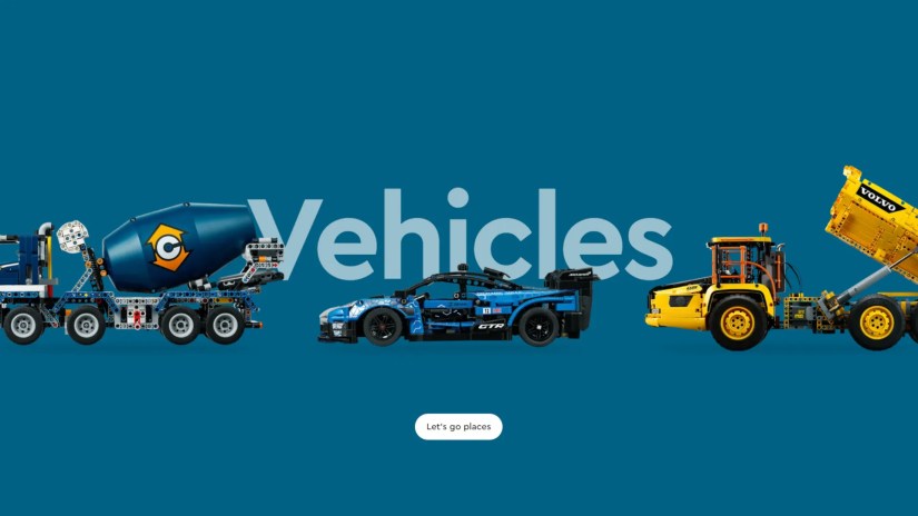 Three LEGO Technic racecar models appear.