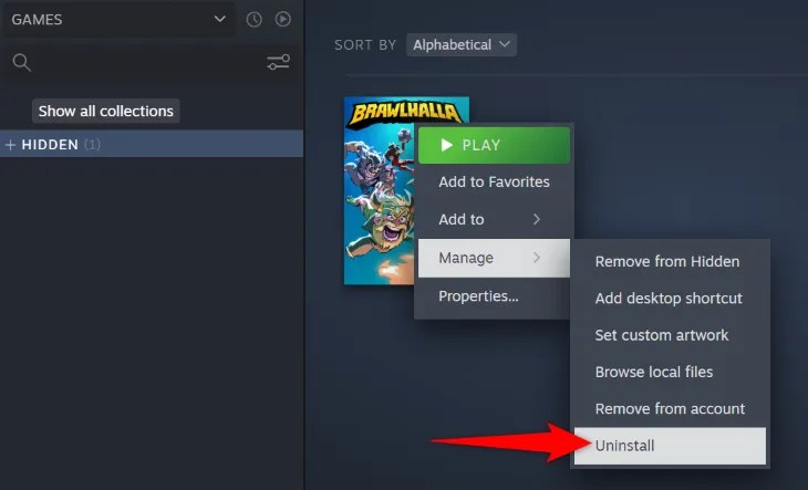 Select Manage &gt; Uninstall.