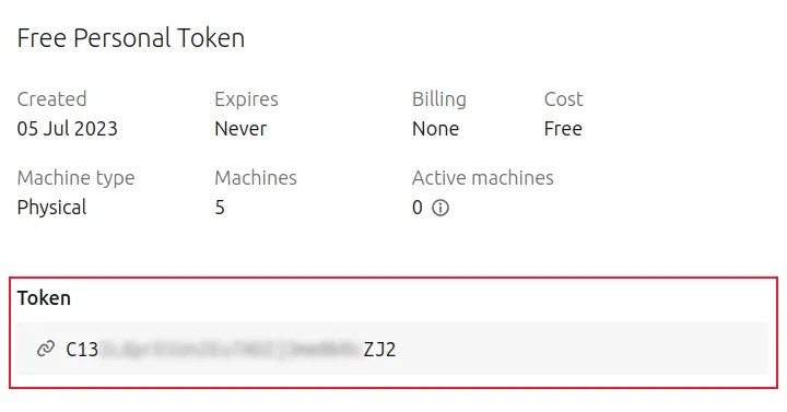 The location of the free personal token for Ubuntu Pro