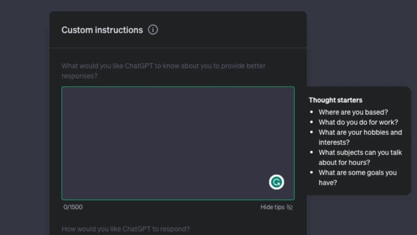 ChatGPT Custom Instrutions Personal Info