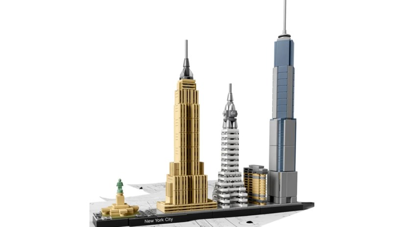 A LEGO model of New York City against a white background.