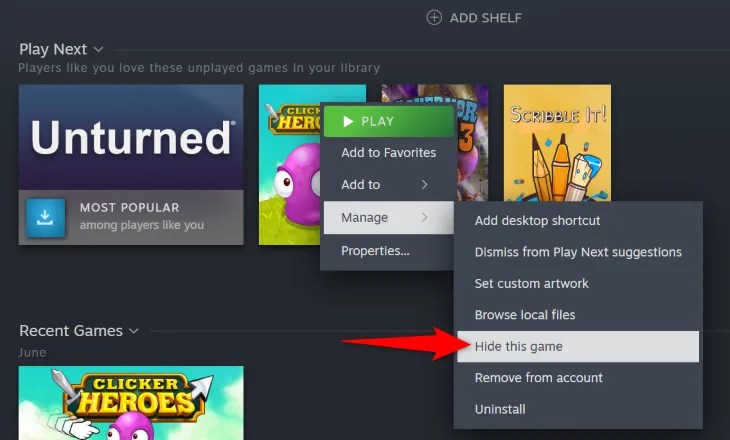 Select Manage &gt; Hide This Game.