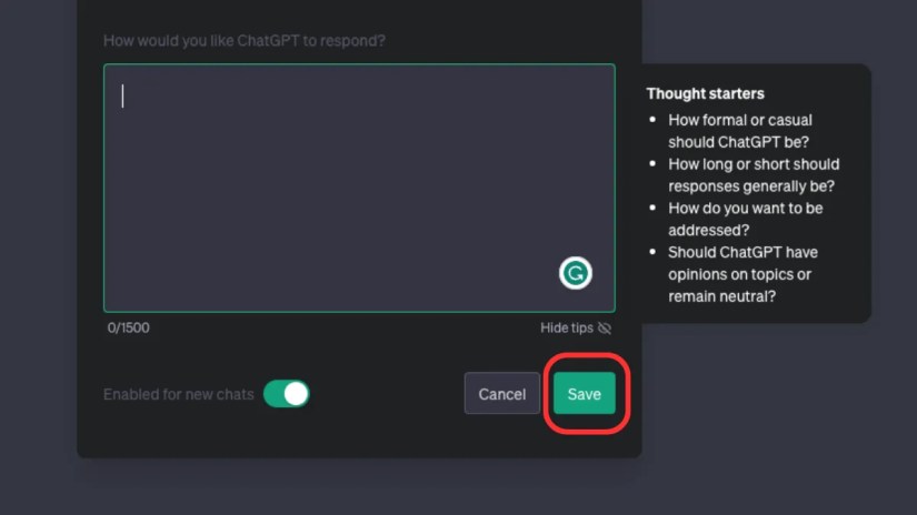 Custom Instructions ChatGPT Save Button