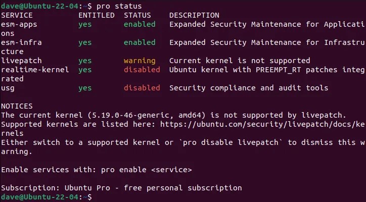 Checking the service status of an Ubuntu Pro computer