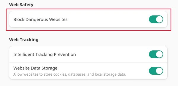 The dangerous websites option in the preferences menu of the GNOME Web technology preview build