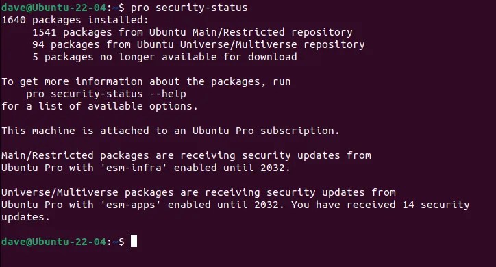 Checking the security patch status on an Ubuntu Pro computer