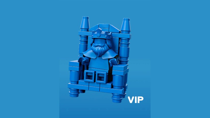 A LEGO minifig king sits in a LEGO throne near the LEGO VIP logo.