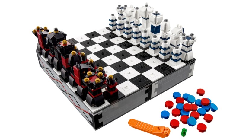 A LEGO chess set appears set up.