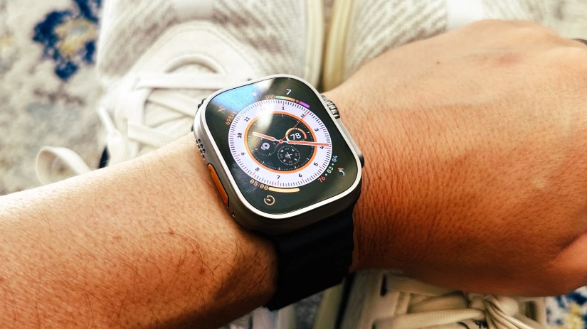 Apple Watch Ultra on a wrist showing the screen