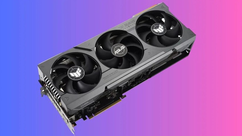 ASUS TUF Gaming GeForce RTX 4080 OC Edition Graphics Card on a pink and purple background.