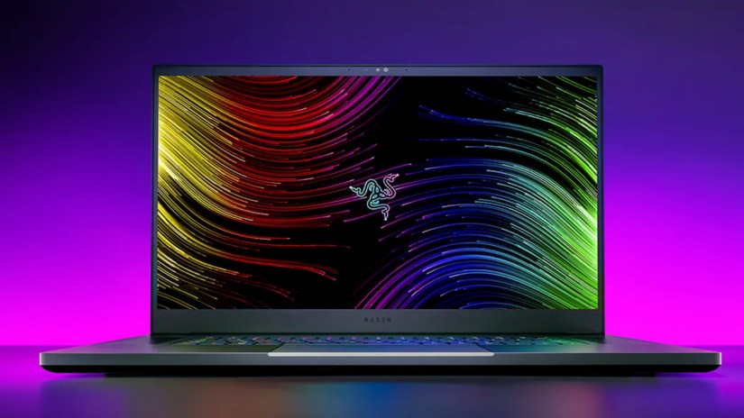 Razer Blade 17 Gaming Laptop on a purple background.