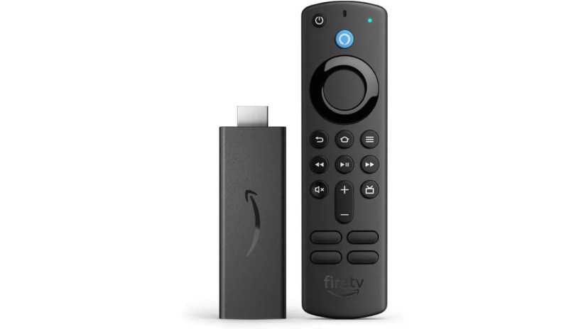 An Amazon Fire stick and Alexa voice remote stand side by side.