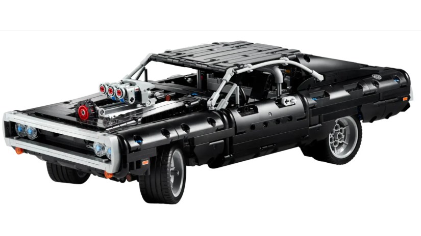 A LEGO model of Dom&rsquo;s Dodge Charger sits on a white background.