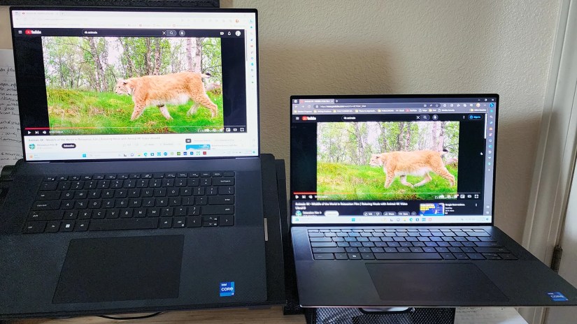 The Dell XPS 17 (9730) sitting on a desk beside the Dell XPS 15 (9530).