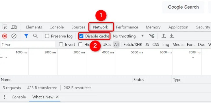 Enable &ldquo;Disable Cache.&quot;