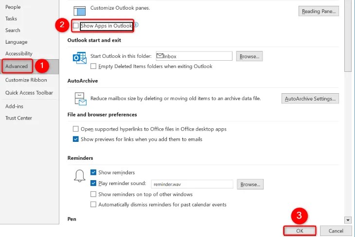 Disable &ldquo;Show Apps in Outlook.&quot;