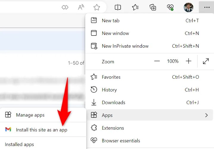 Select Apps &gt; Install This Site as an App.