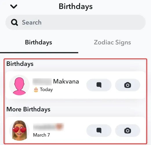 View upcoming birthdays on Snapchat.