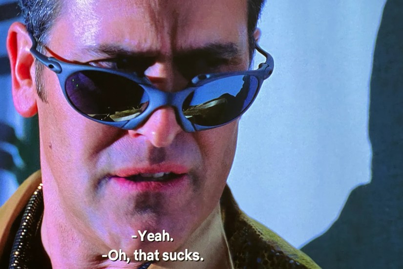 Closeup of the projection screen while watching 2002&rsquo;s &lsquo;Spider-Man&rsquo; on the XGIMI Horizon Ultra with subtitles on screen..