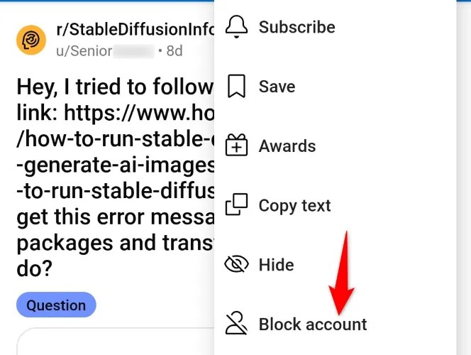 Select &ldquo;Block Account&rdquo; in the menu.