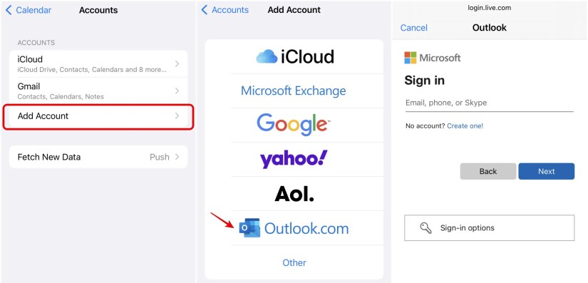 Add your Outlook account in iPhone calendar settings